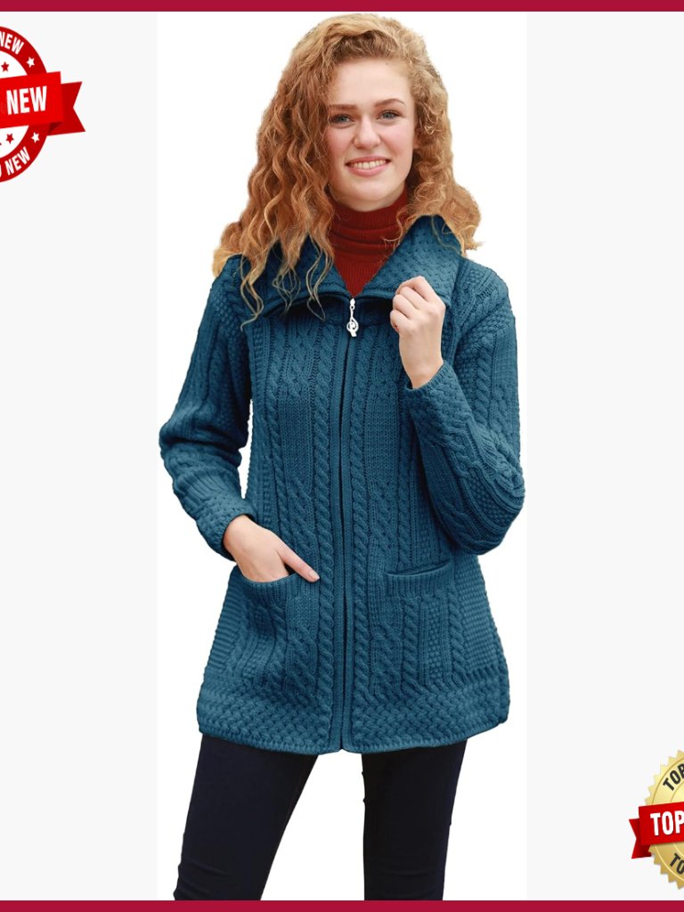 Merino Wool Knit Zipper Cardigan Jacket Shawl Neck Long Sleeve Relaxed Fit